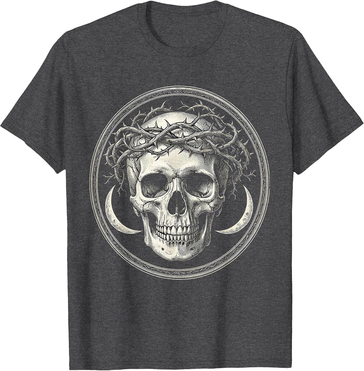 Skull Crowned With Dead Thorny Vines Gothic Art T-Shirt - Dark Heather Grey