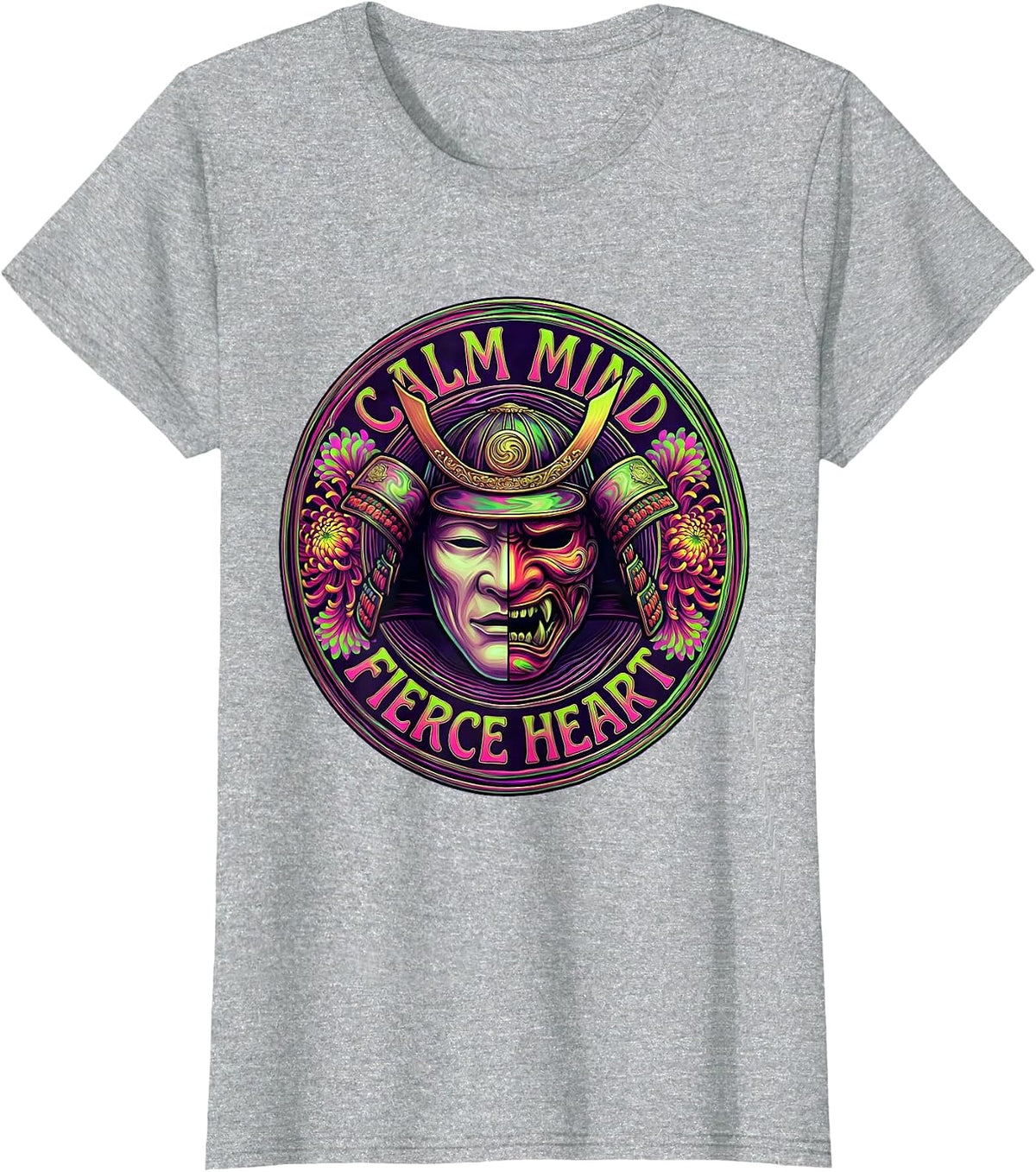 Calm Mind Fierce Heart Japanese Warrior Design T-Shirt - Heather Grey