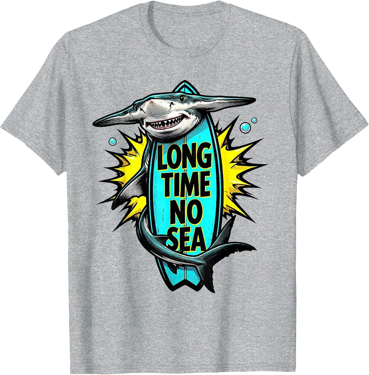 Men's Long Time No Sea Pop Art Shark Lover Humor Ocean Wildlife T-Shirt - Heather Grey