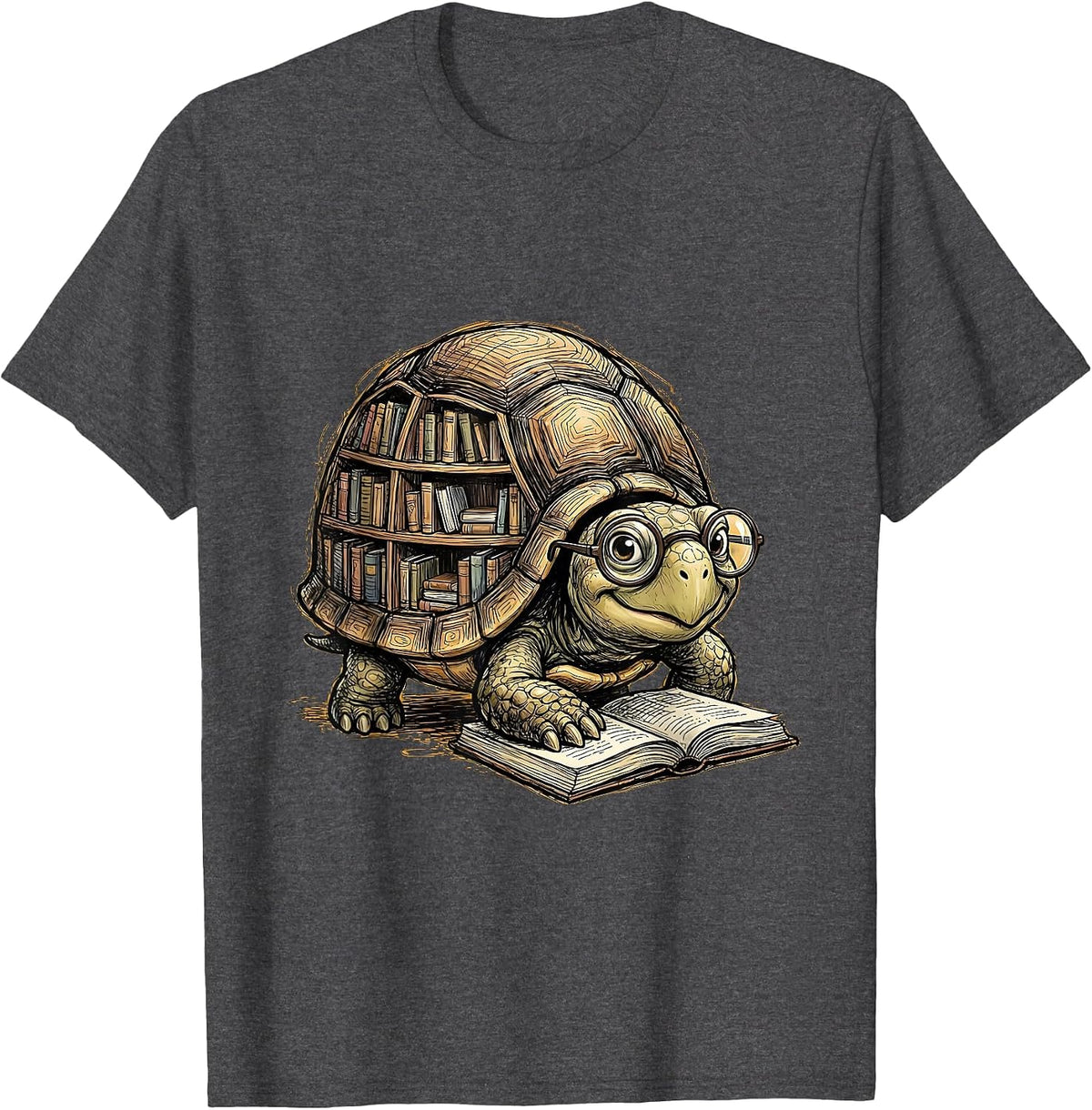 Men's Cute Turtle Bookshelf Shell Reading Glasses Teacher T-Shirt - Dark Heather Grey