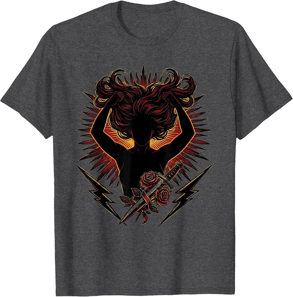 Rock and Roll Headbanger Silhouette Spotlight Design T-Shirt - Dark Heather Grey
