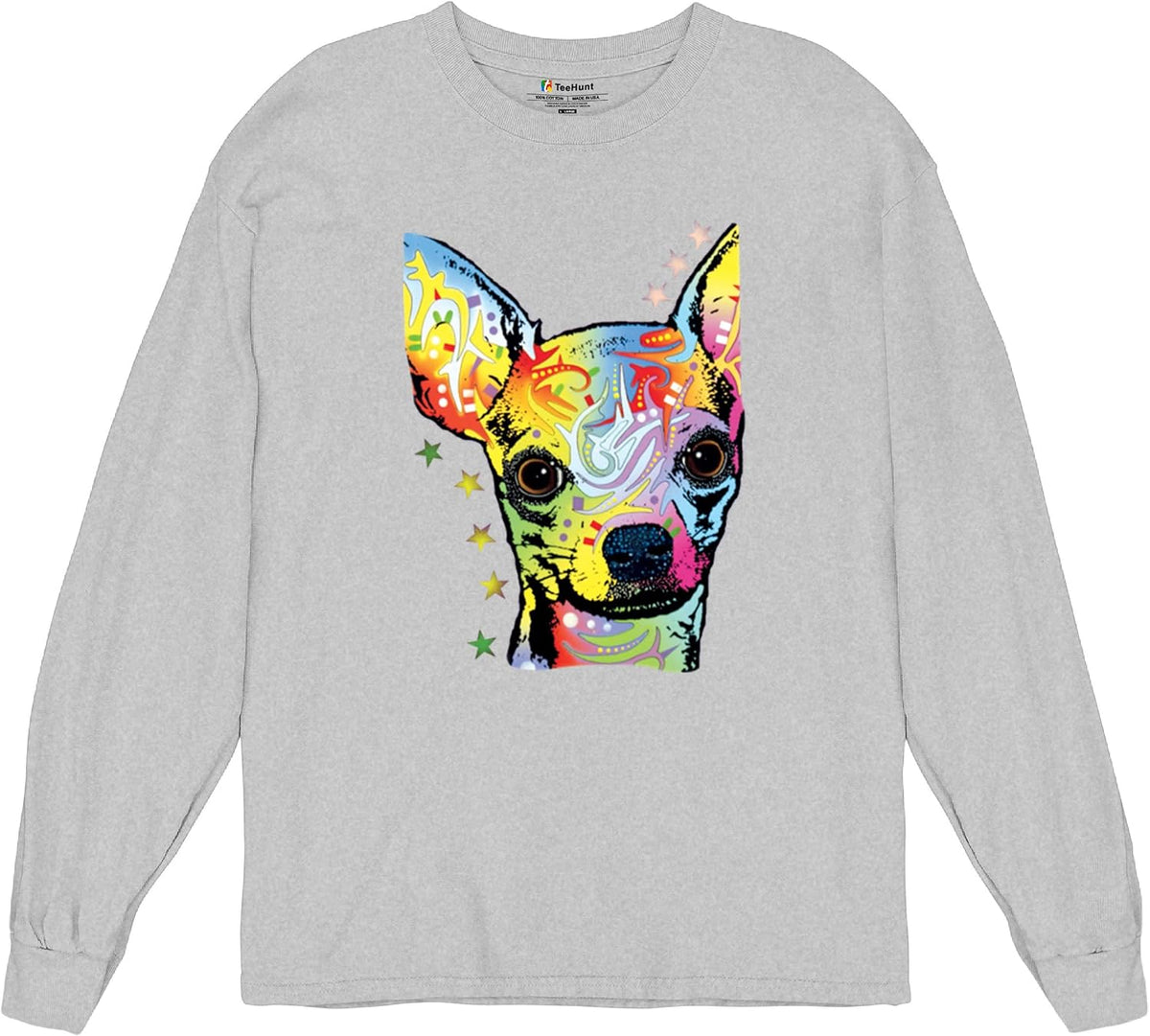 Tee Hunt Dean Russo Cute Chihuahua Long Sleeve T-Shirt Neon Colorful Small Dog - Gray