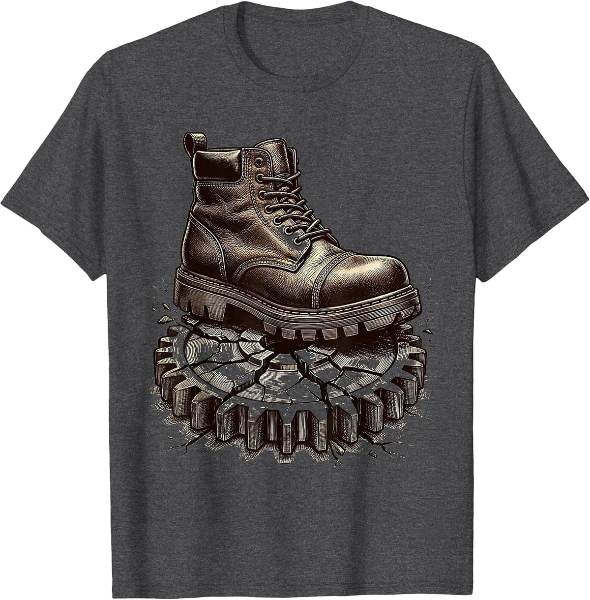 Men's Mechanic Boot Crushing Broken Gear Graphic T-Shirt - Dark Heather Grey