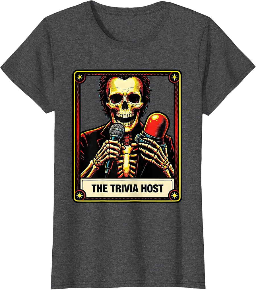 Women's The Trivia Host Pop Art Tarot Card Skeleton Role Humor T-Shirt - Dark Heather Grey