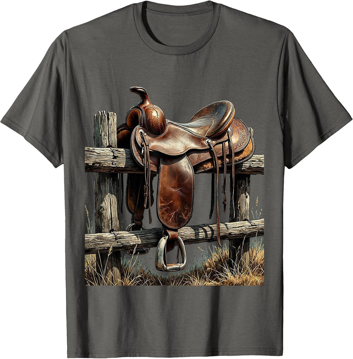 Saddle on Split-Rail Fence Country Western Design T-Shirt - Asphalt Grey