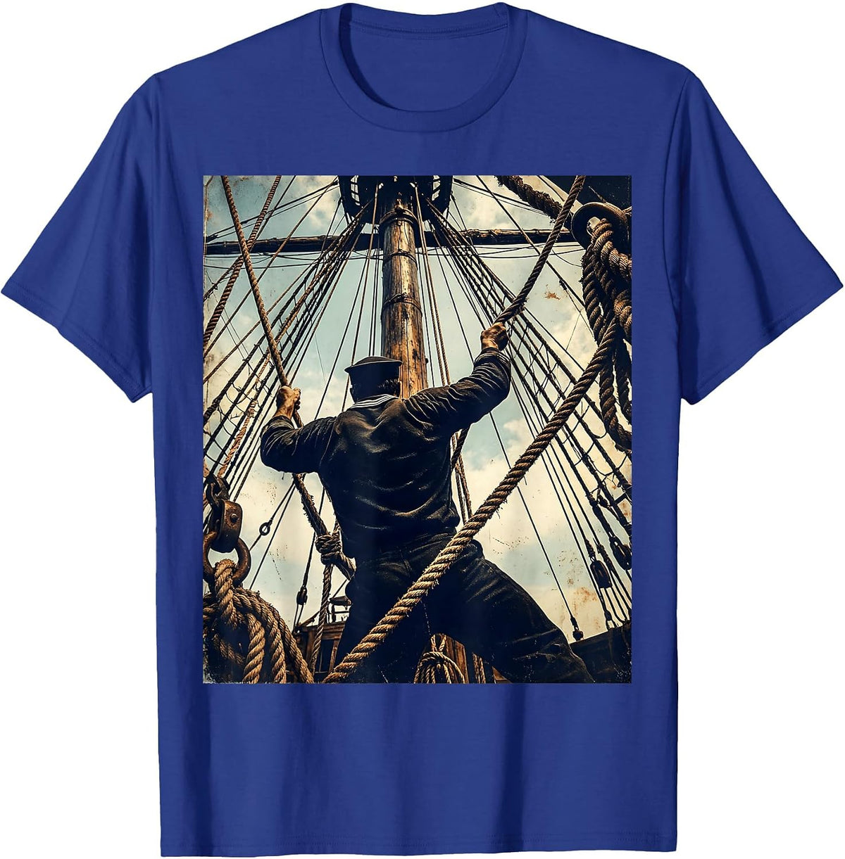 Muscular Sailor Climbing Ship Rigging Graphic T-Shirt - Royal Blue