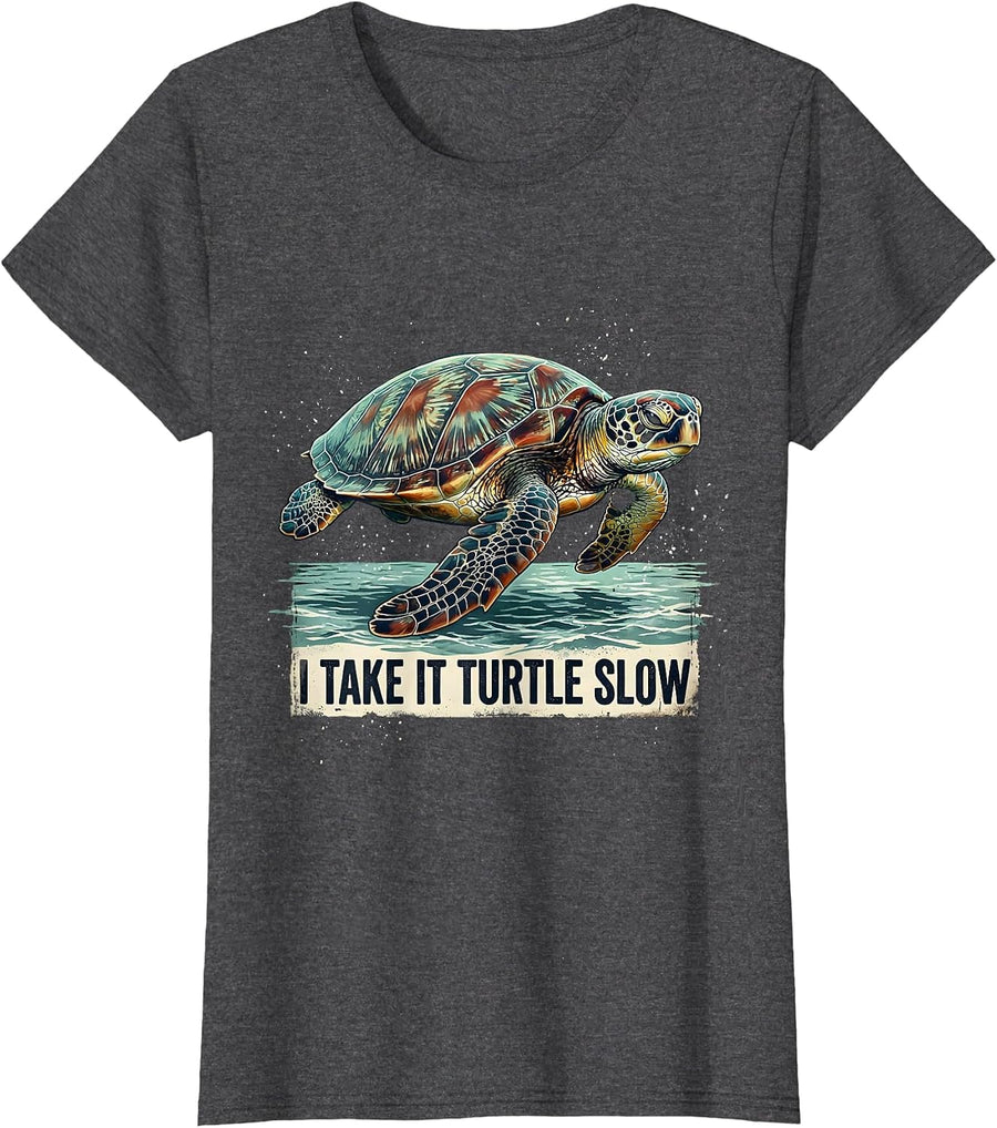 Women's I Take It Turtle Slow Distressed Sea Turtle Lover Beach T-Shirt - Dark Heather Grey