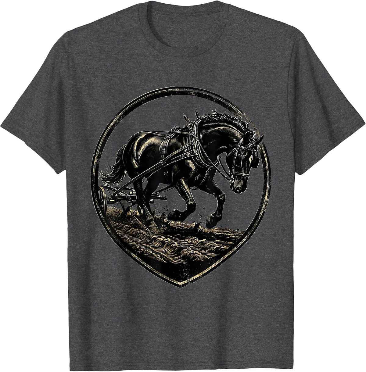 Draft Horse Pulling Plow Through Mud Illustration T-Shirt - Dark Heather Grey