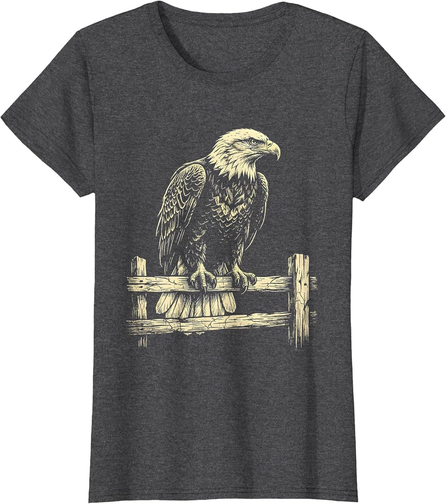 Women's Bald Eagle Perched on Split-Rail Fence T-Shirt - Dark Heather Grey