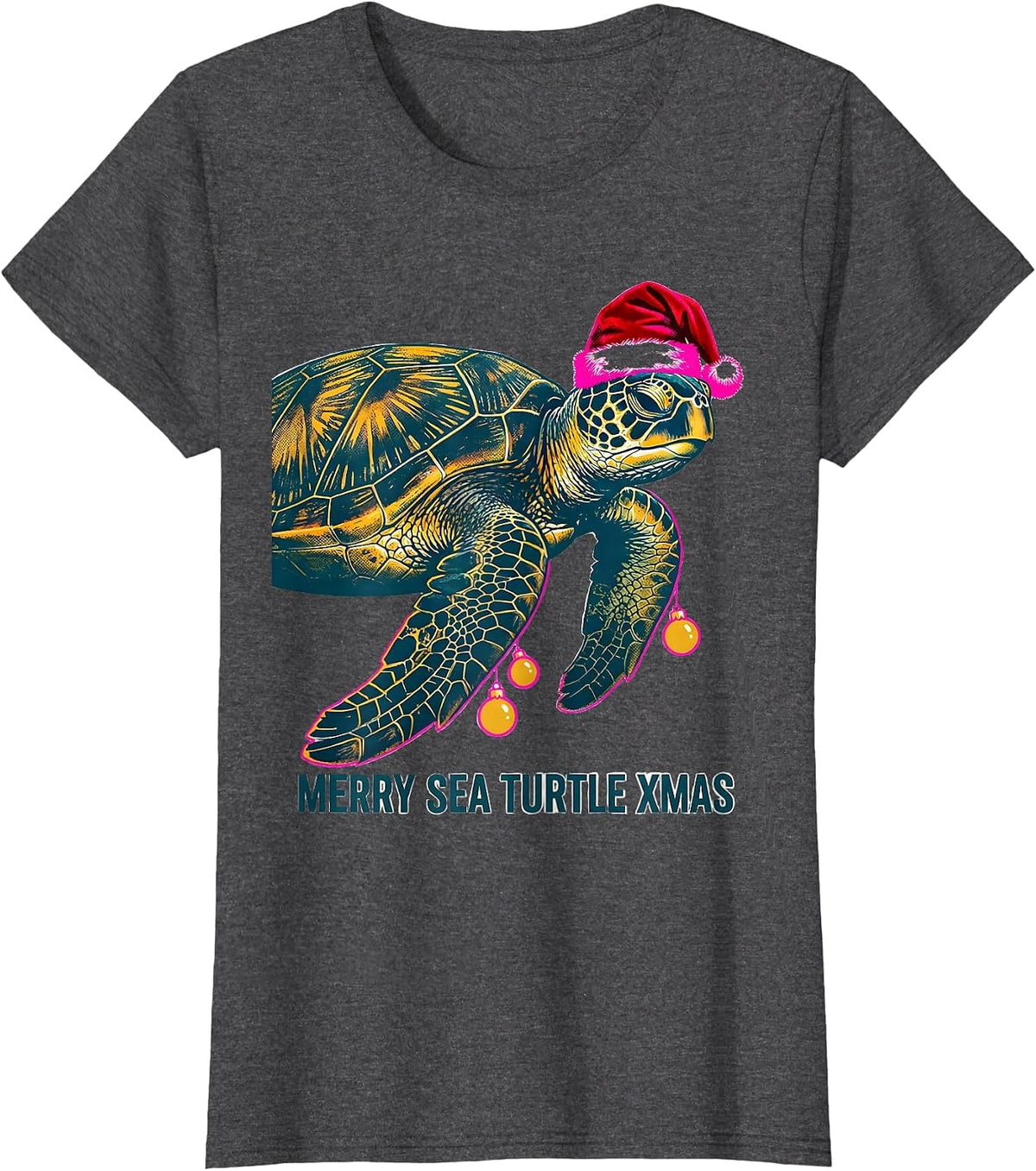 Women's Merry Sea Turtle Xmas Risograph Whimsical Sea Turtle Lover T-Shirt - Dark Heather Grey