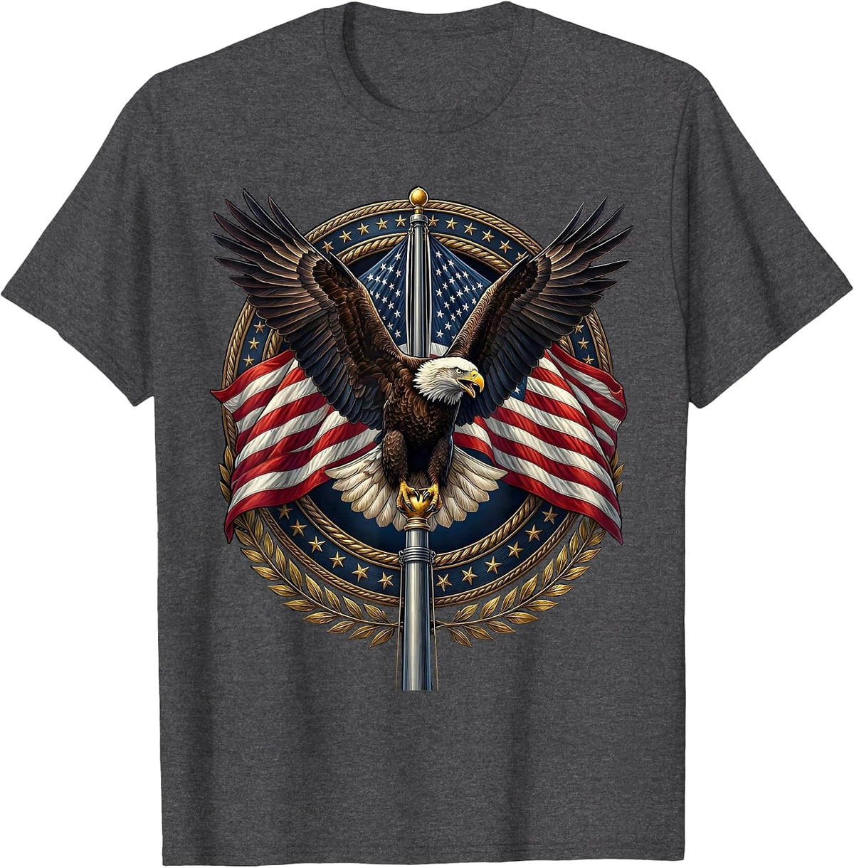 Men's Bald Eagle American Flag Pole Patriotic Design T-Shirt - Dark Heather Grey
