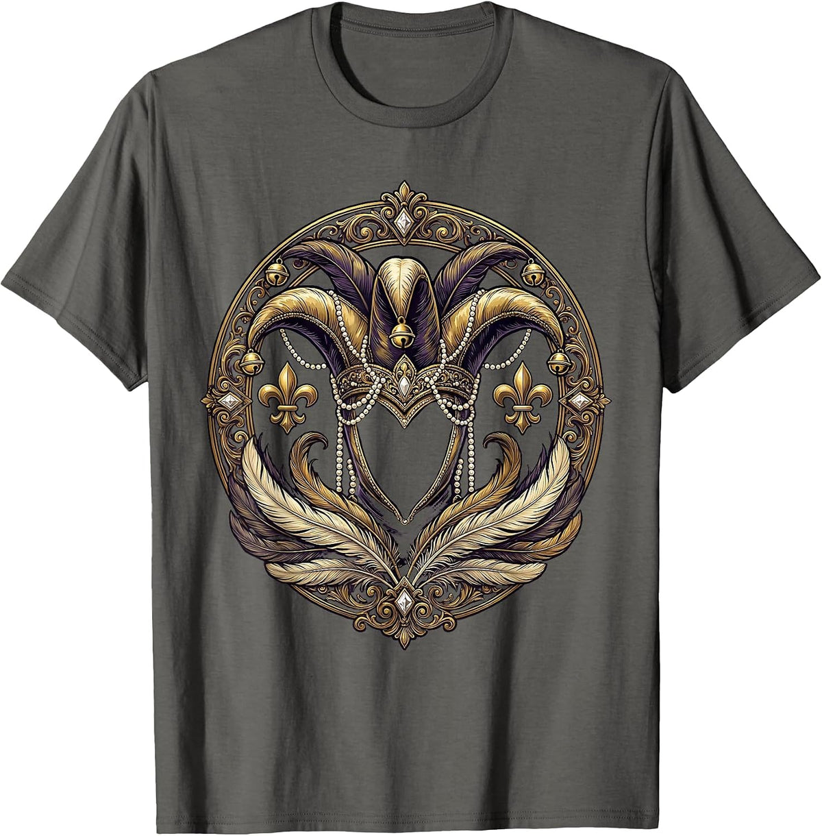 Mardi Gras Jester Hat Pearl Strands Festive Design T-Shirt - Asphalt Grey