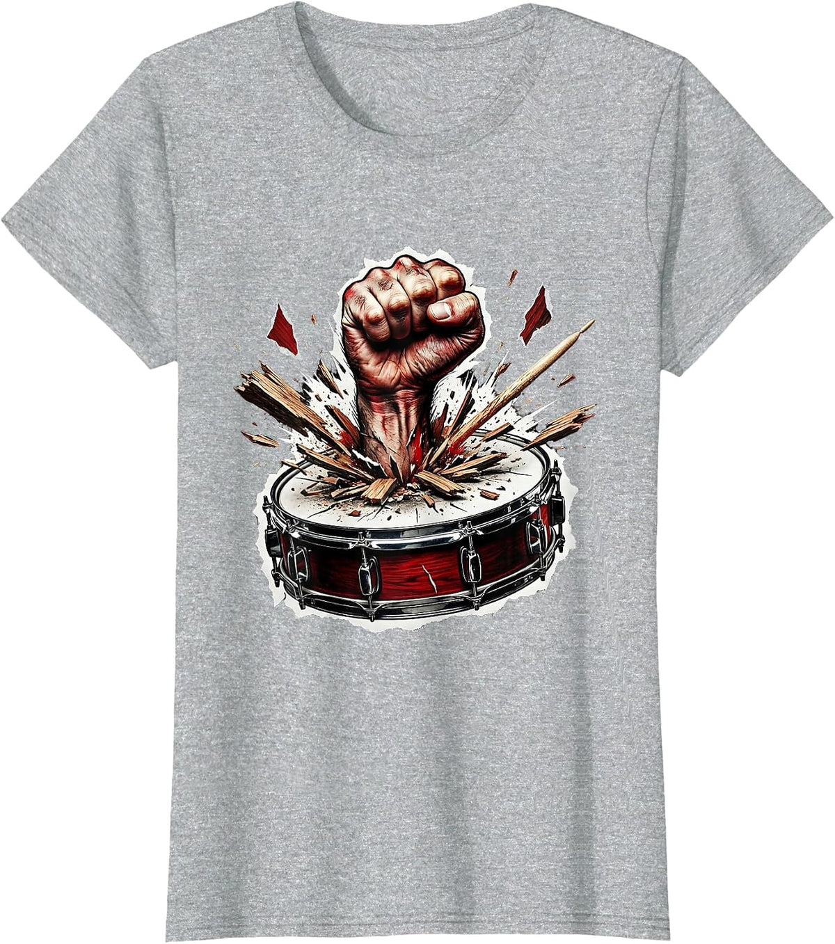 Classic Rock Fist Through Bass Drum Graphic T-Shirt - Heather Grey
