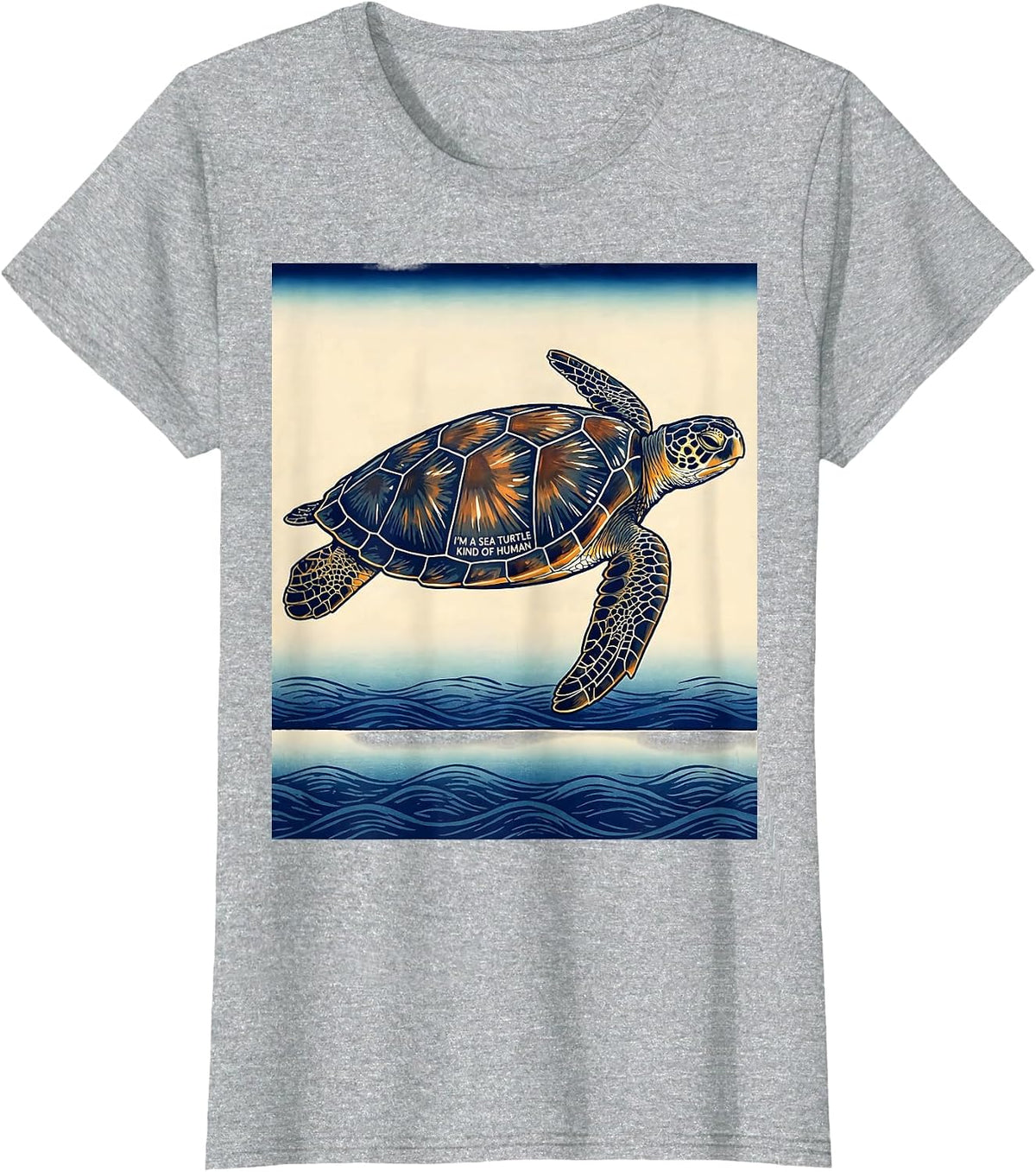 Women's I'm A Sea Turtle Kind Of Human Ukiyo-e Ocean Animal Lover T-Shirt - Heather Grey