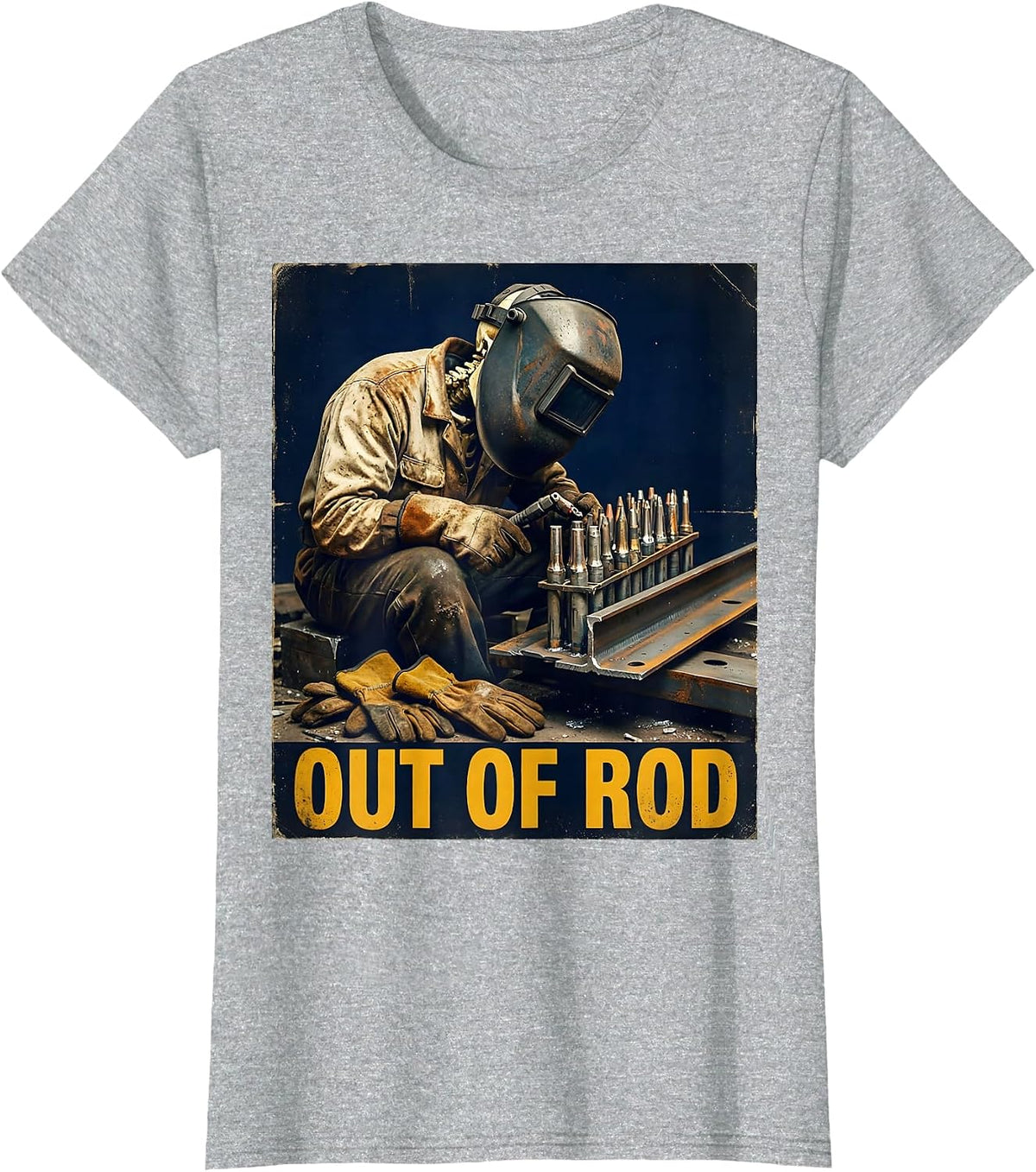 Women's Out Of Rod Vintage Welder Skeleton Tradesman Humor T-Shirt - Heather Grey