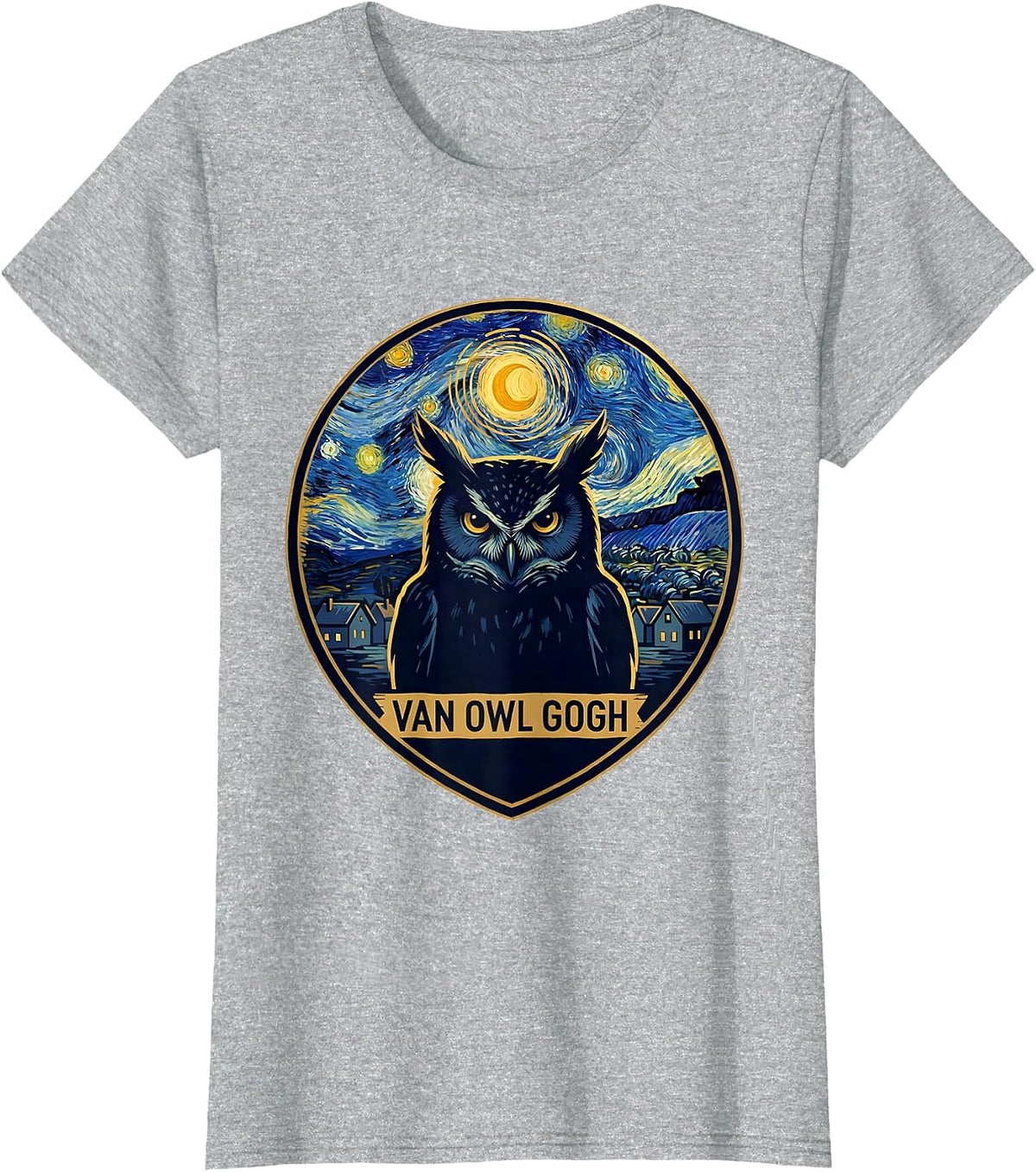 Van Owl Gogh Whimsical Art Meme Owl Lover Gift T-Shirt - Heather Grey
