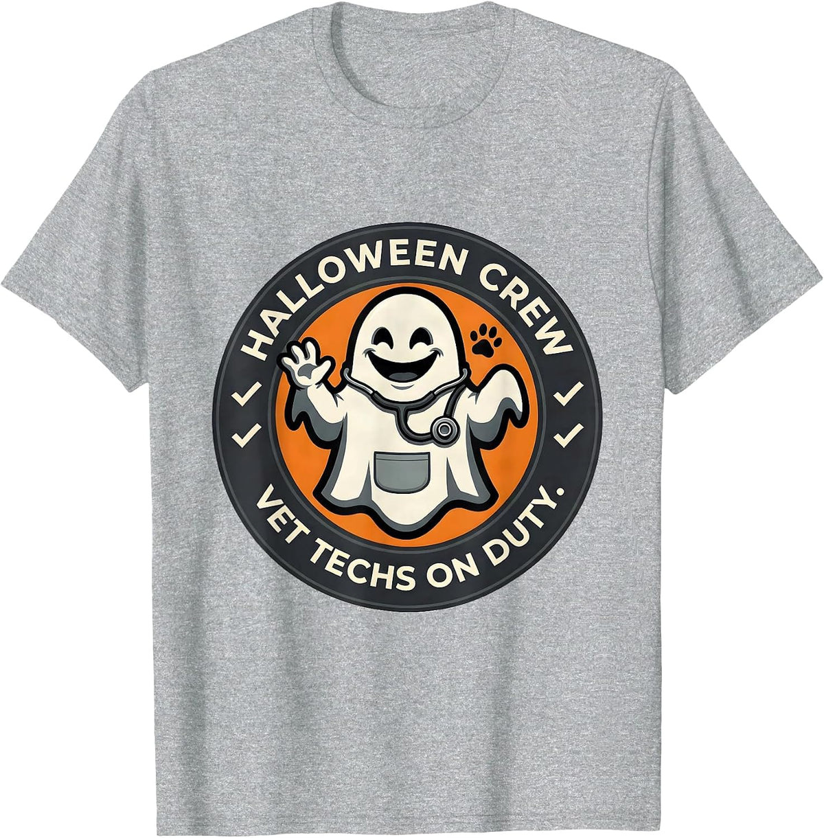 Men's Halloween Crew Vet Techs On Duty Whimsical Workplace Humor T-Shirt - Heather Grey