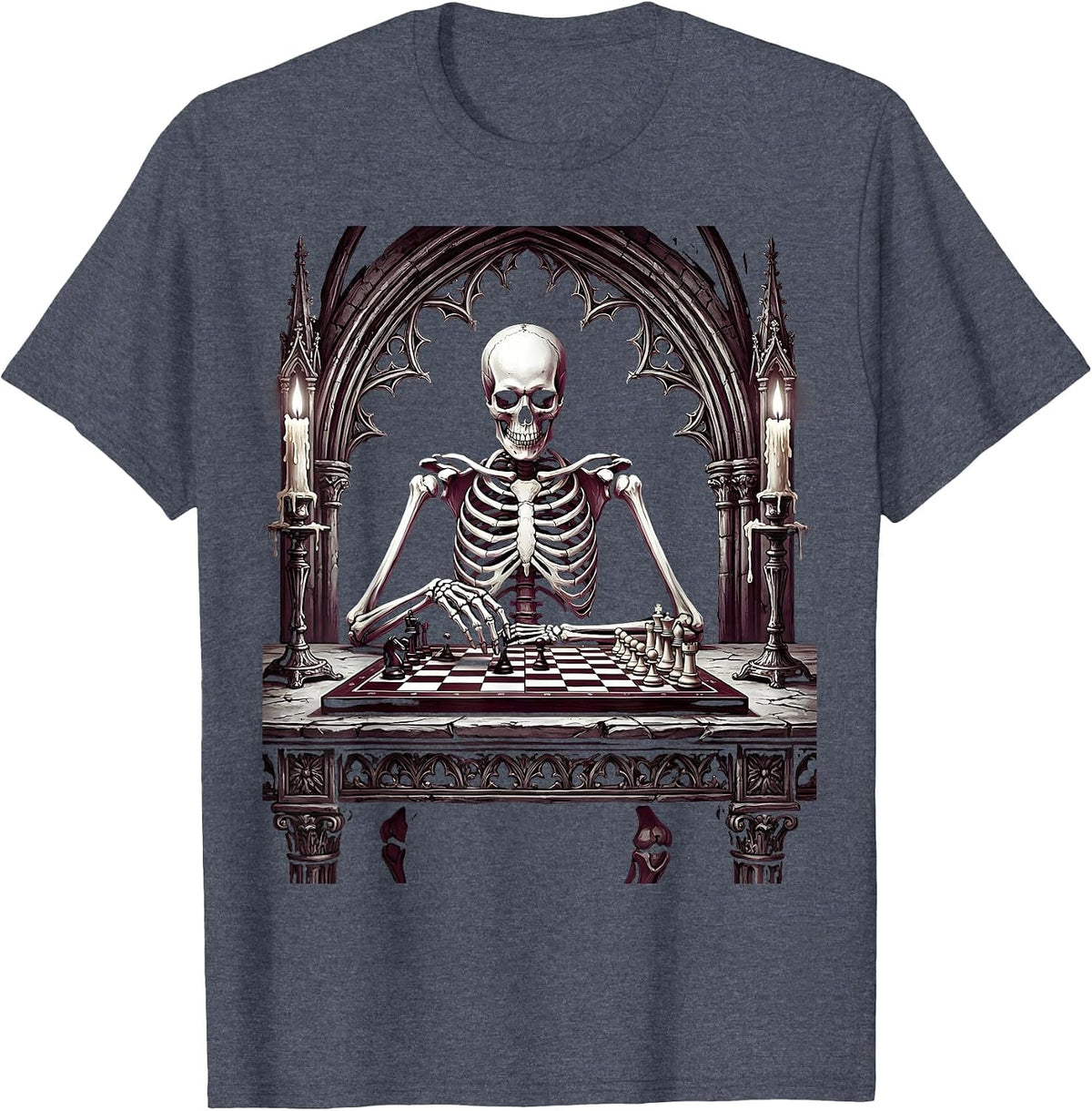 Skeleton Playing Chess Alone at Midnight T-Shirt - Heather Blue