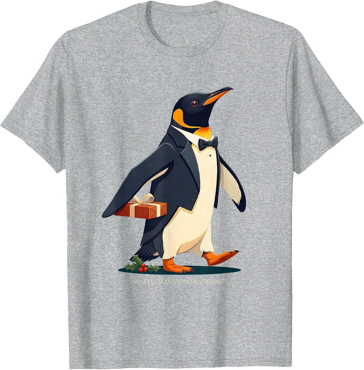 Men's Waddled Over With Presents Funny Penguin Lover Christmas T-Shirt - Heather Grey