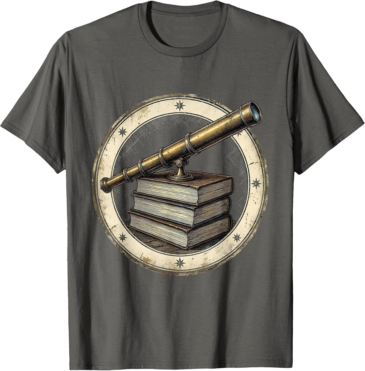 Telescope on Astronomy Books Stargazing Illustration T-Shirt - Asphalt Grey