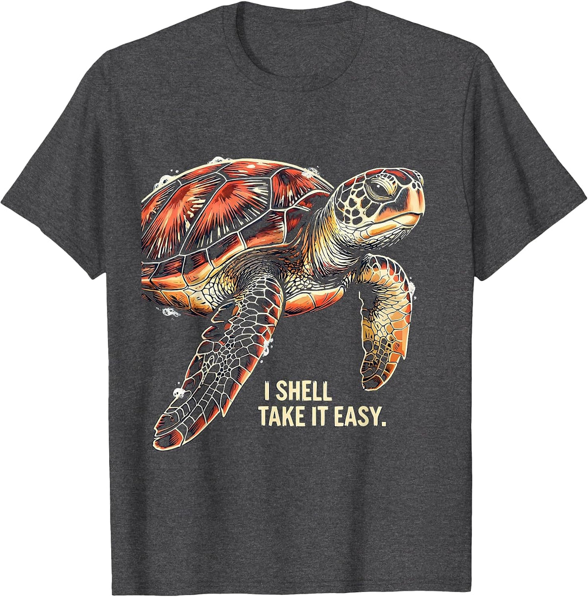 I Shell Take It Easy Linocut Sea Turtle Souvenir Tropical T-Shirt - Dark Heather Grey