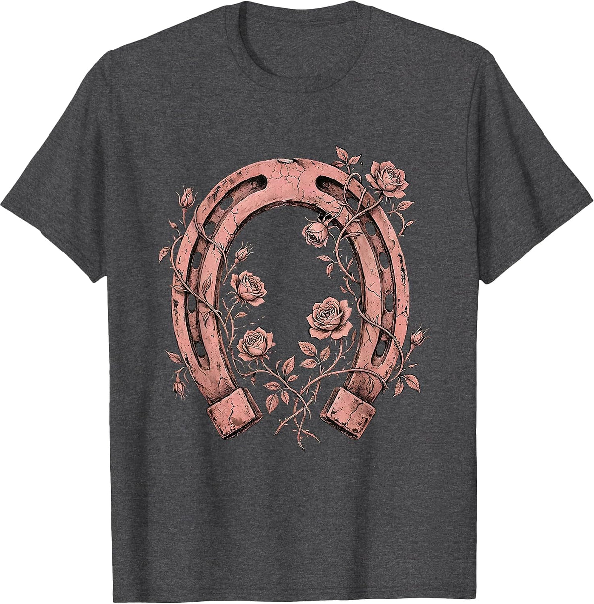 Pink Cowgirl Horseshoe Wild Roses Floral Design T-Shirt - Dark Heather Grey