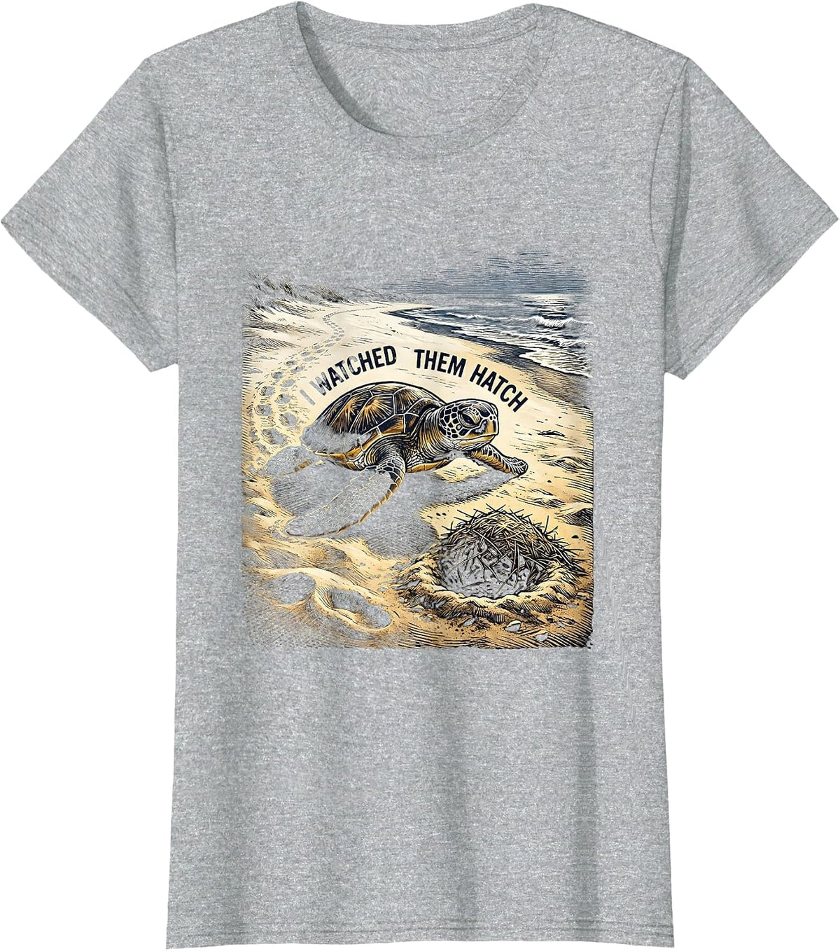 I Watched Them Hatch Woodcut Engraving Sea Turtle Vacation T-Shirt - Heather Grey