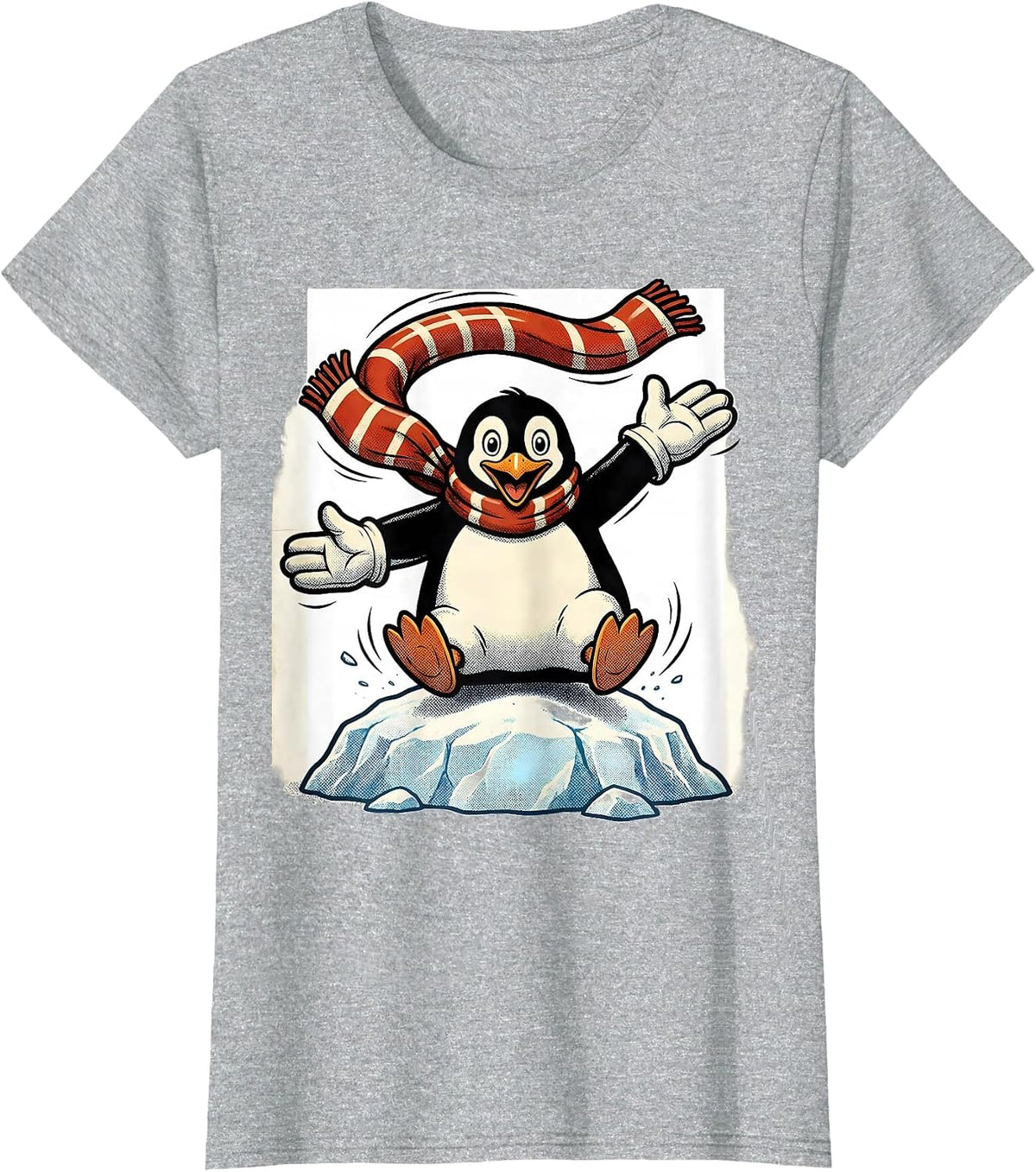 Women's Bouncy Penguin Retro Cartoon Penguin Lover Humor T-Shirt - Heather Grey