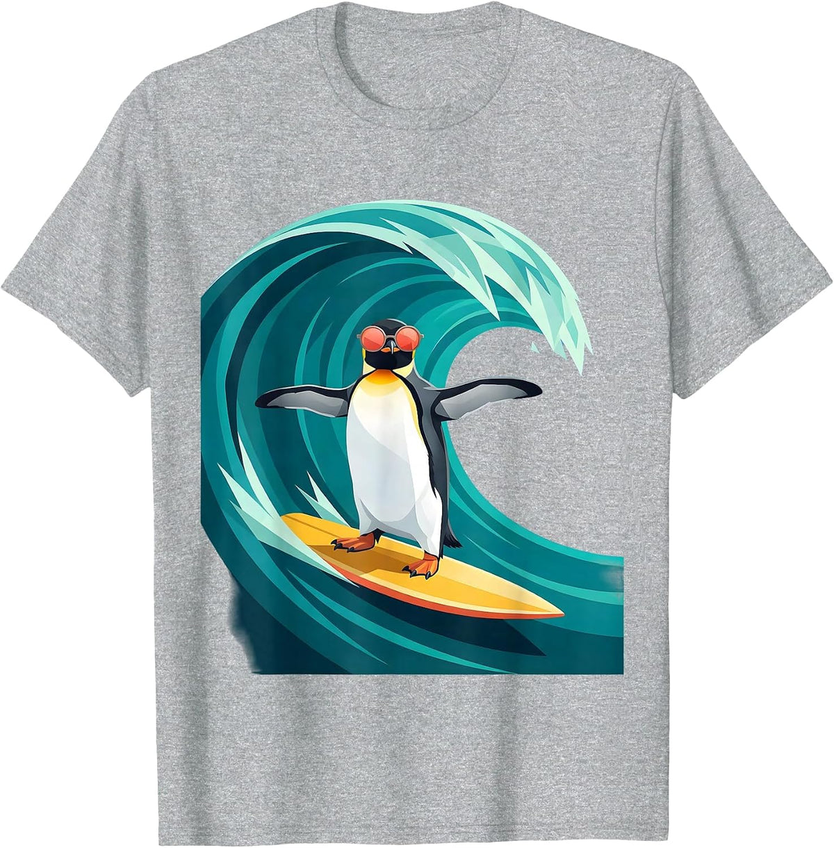 Men's Penguin in Sunglasses Surfing Ocean Wave T-Shirt - Heather Grey