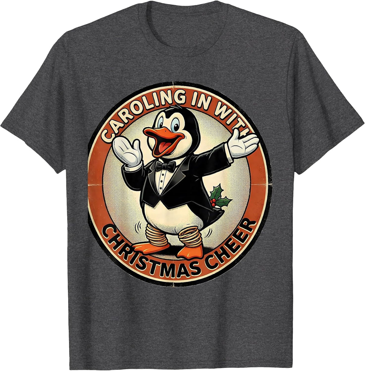 Men's Caroling In With Christmas Cheer Retro Cartoon Penguin Lover T-Shirt - Dark Heather Grey