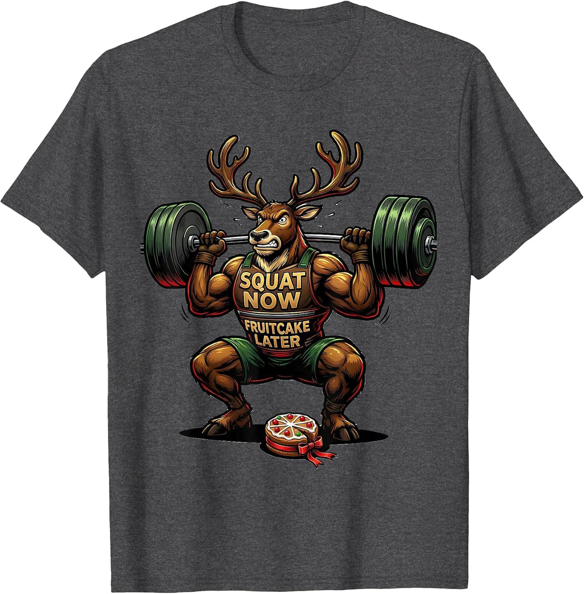Men's Squat Now, Fruitcake Later Funny Christmas Gym Workout T-Shirt - Dark Heather Grey