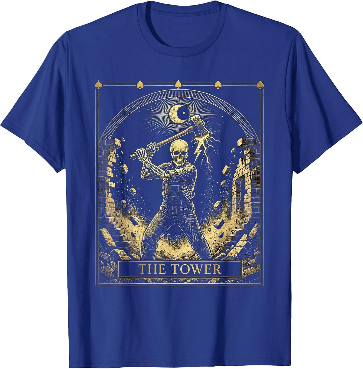 Men's The Tower Mystic Celestial Tarot Card Skeleton Demolition T-Shirt - Royal Blue