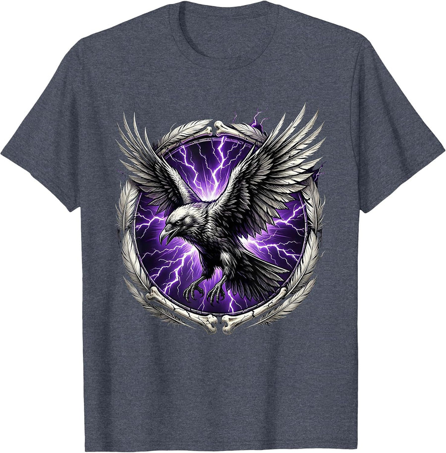 Raven Lightning Bolt Dark Storm Graphic T-Shirt - Heather Blue