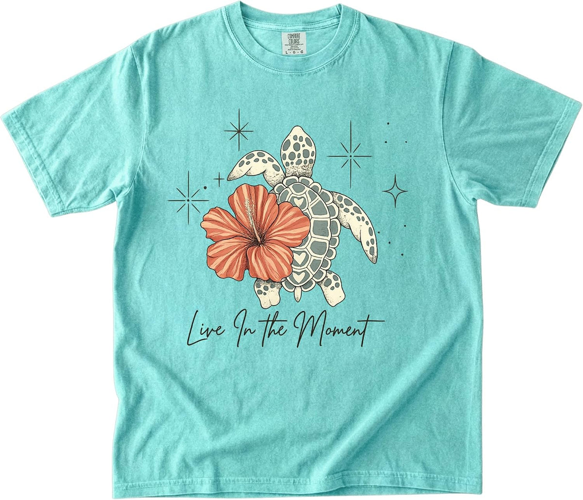 Live in The Moment Garment Dyed Shirt, Sea Turtle Shirt Women, Beach Vacation Tee, Coastal Boho Graphic Tee - Chalkymint