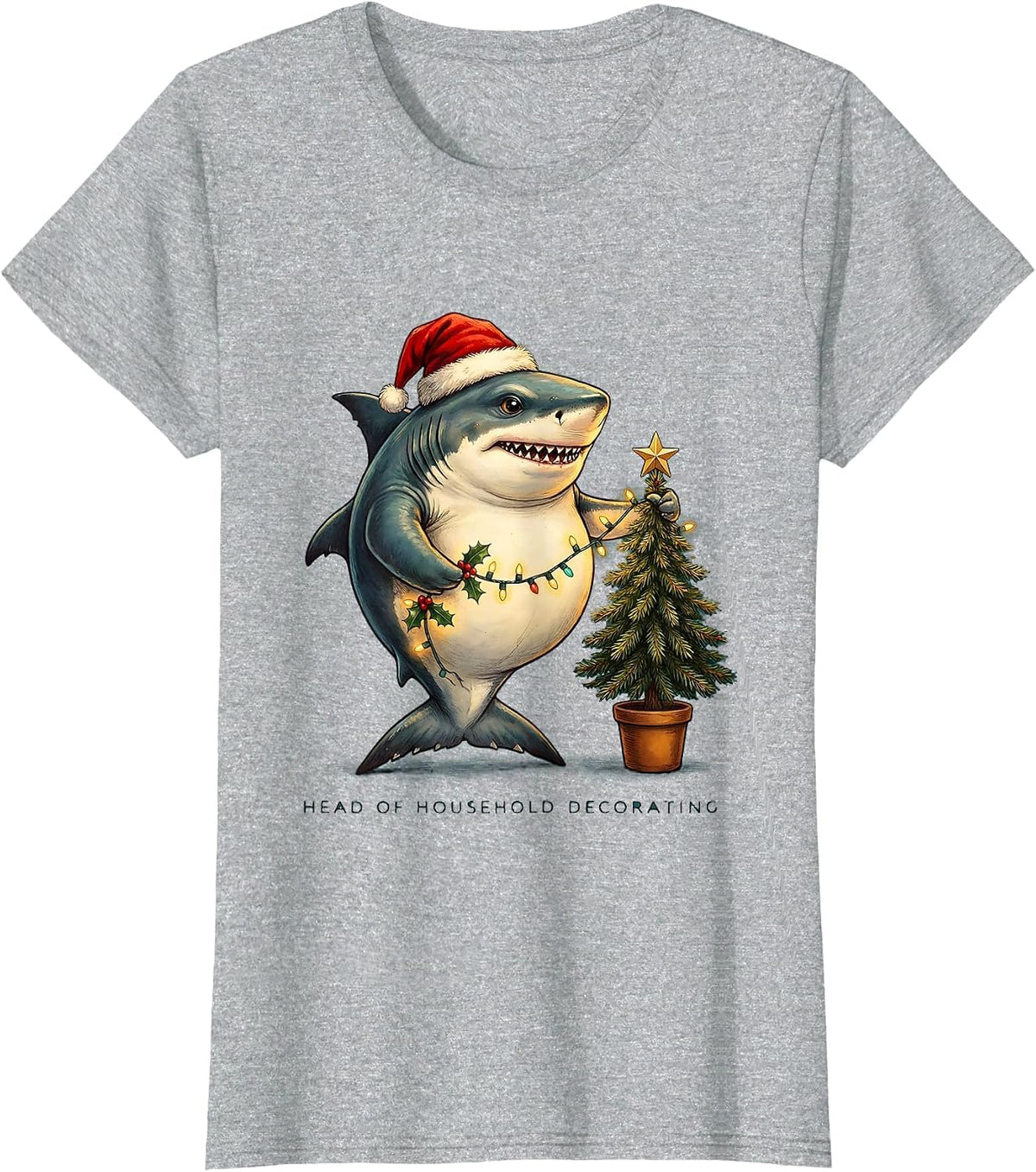 Women's Head of Household Decorating Funny Shark Santa Hat Christmas T-Shirt - Heather Grey