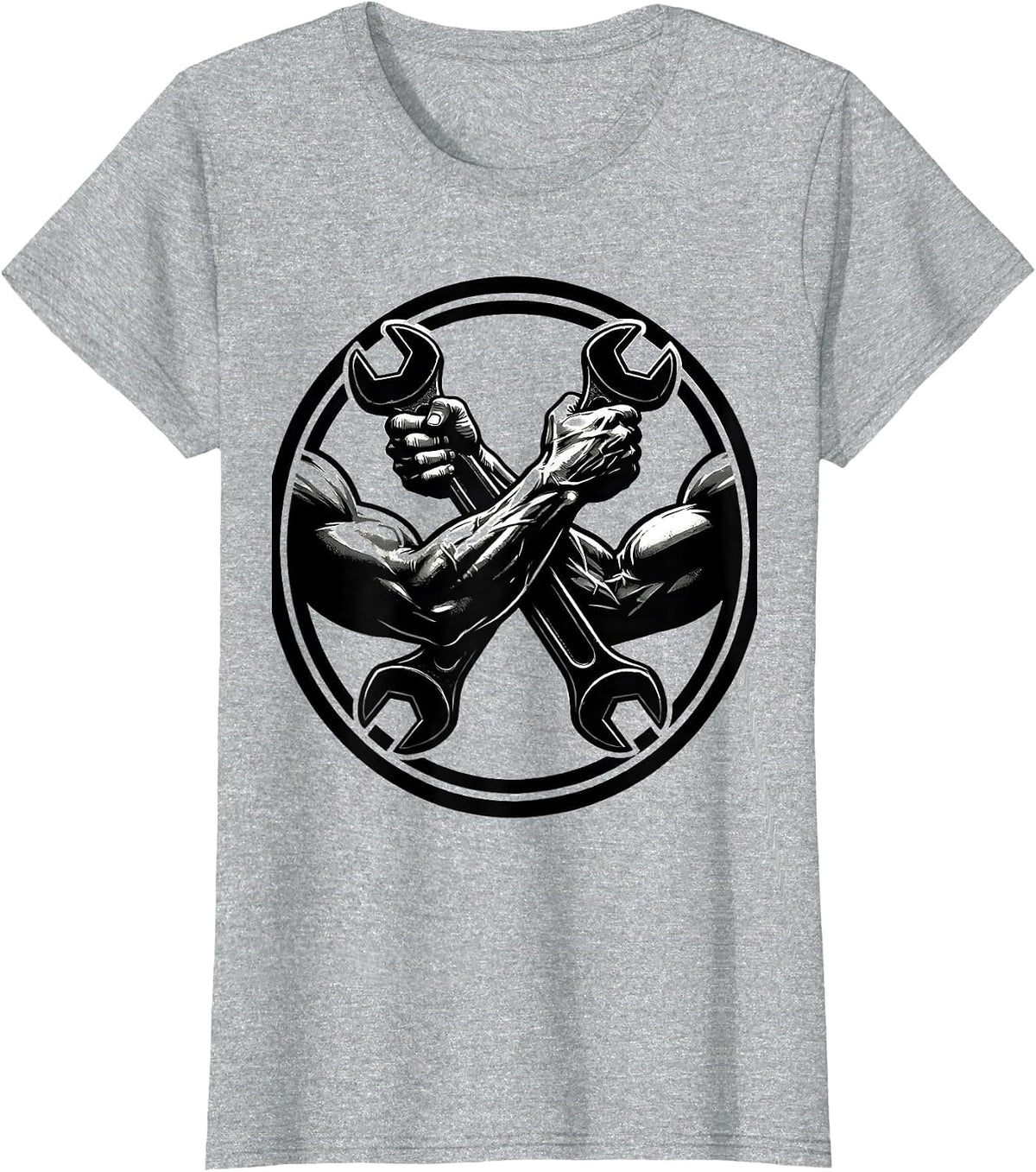 Women's Mechanic Wrench Gripping Muscular Arms Graphic T-Shirt - Heather Grey