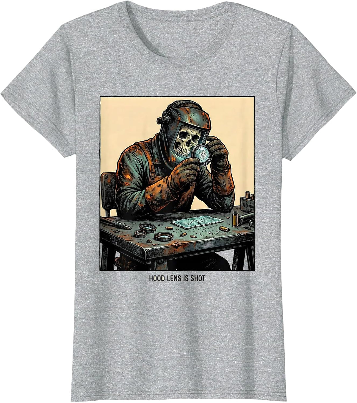 Hood Lens Is Shot Funny Welder Skeleton Tradesman Humor T-Shirt - Heather Grey