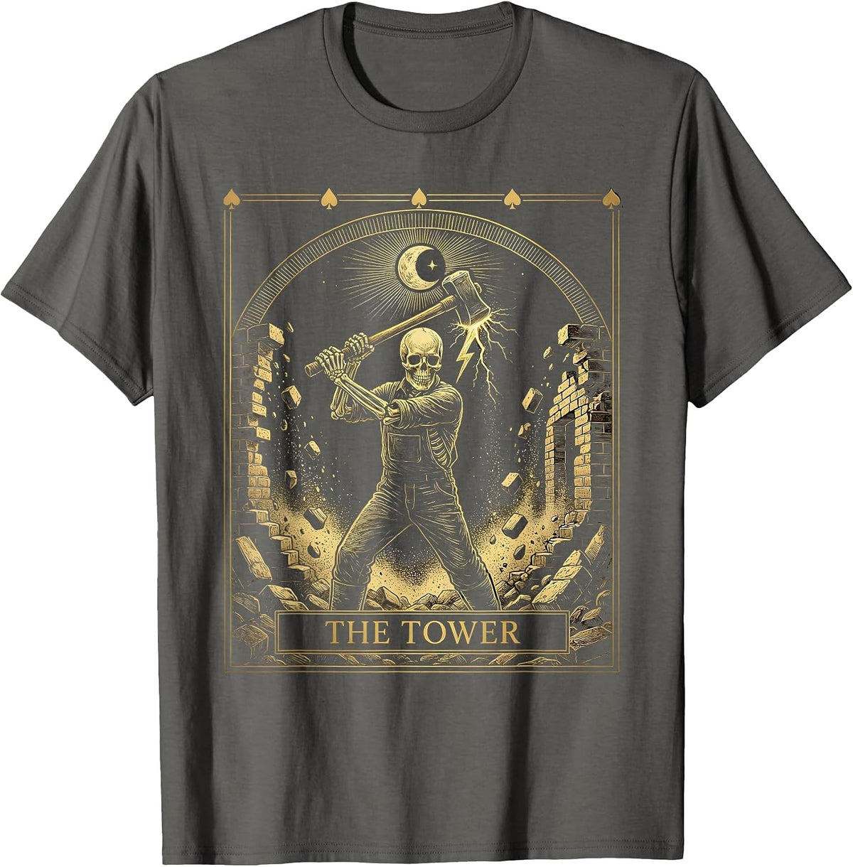 Men's The Tower Mystic Celestial Tarot Card Skeleton Demolition T-Shirt - Asphalt Grey