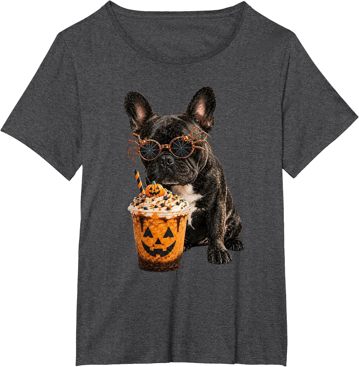 Vintage Halloween French Bulldog Drinking Coffee Dog Lover T-Shirt - Dark Heather Grey