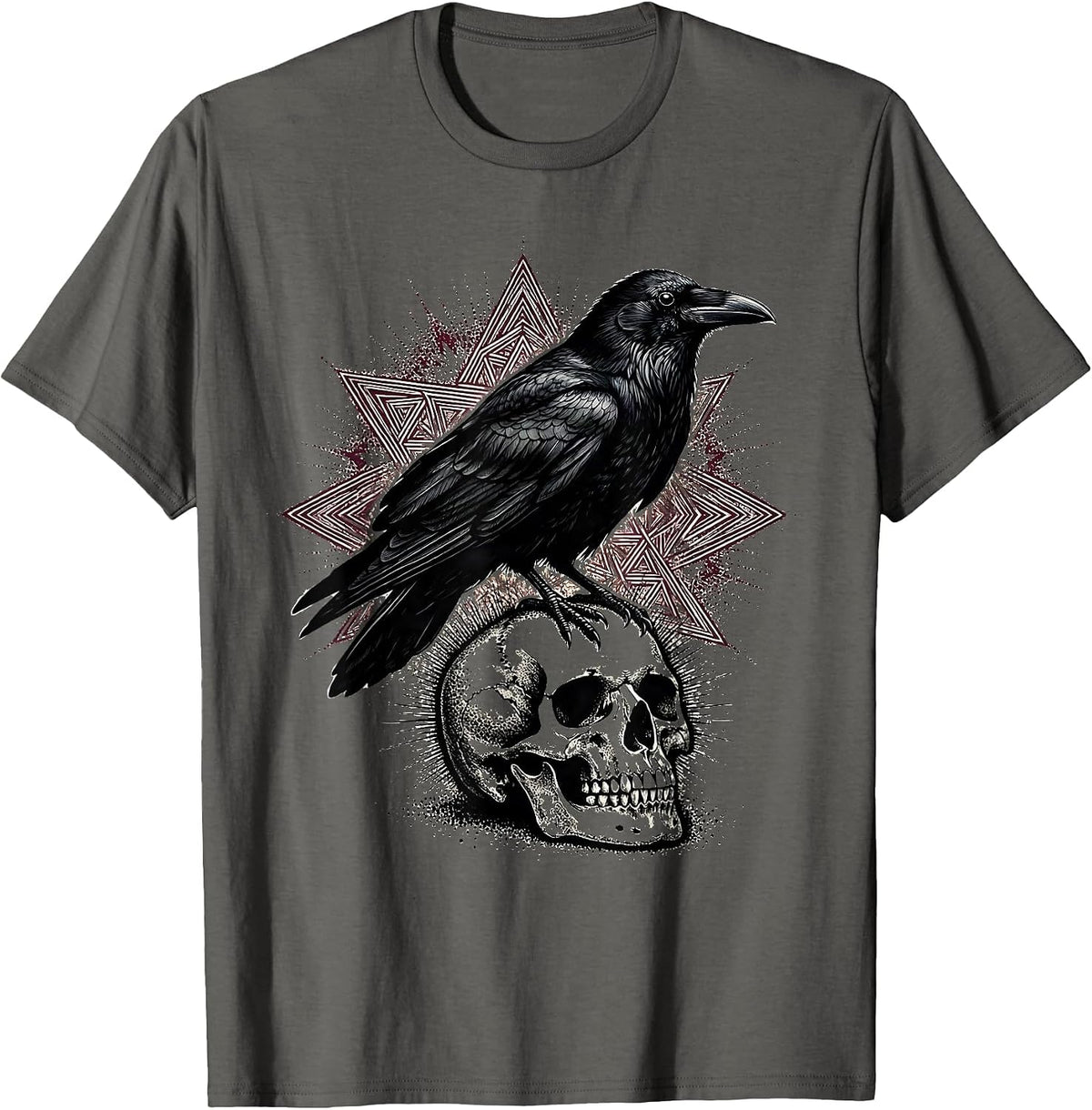Men's Raven Perched on Mossy Skull Gothic Nature Art T-Shirt - Asphalt Grey