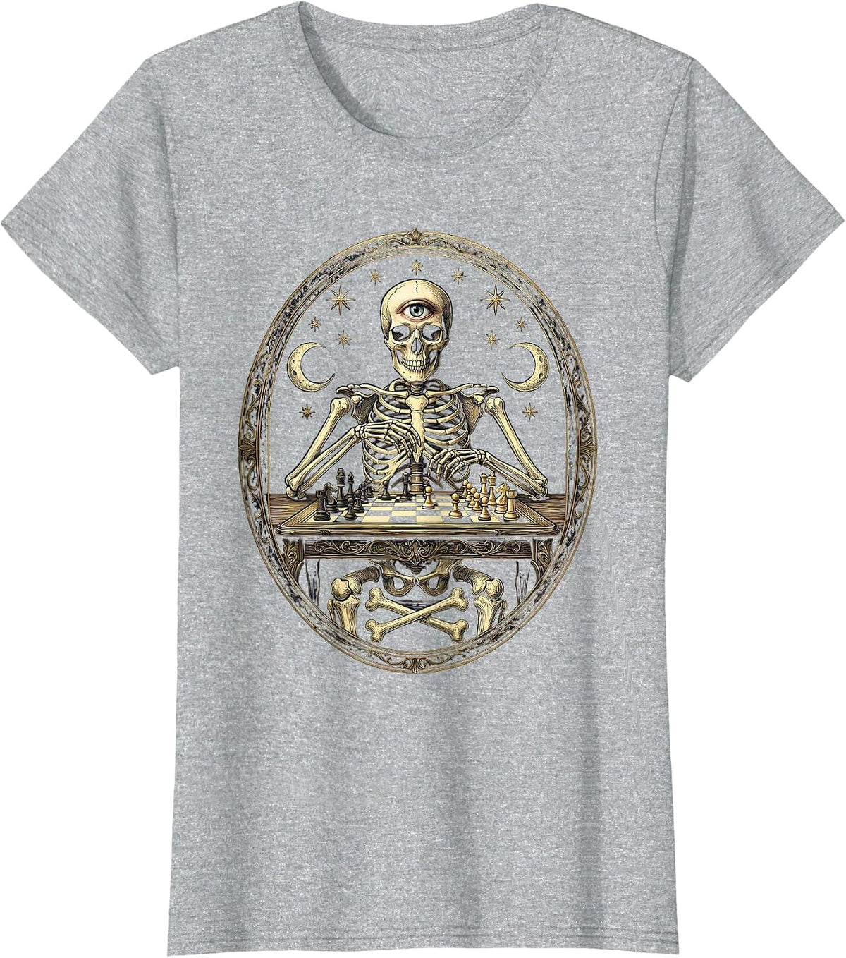 Women's Skeleton Chess Player Mid-Game Illustration T-Shirt - Heather Grey