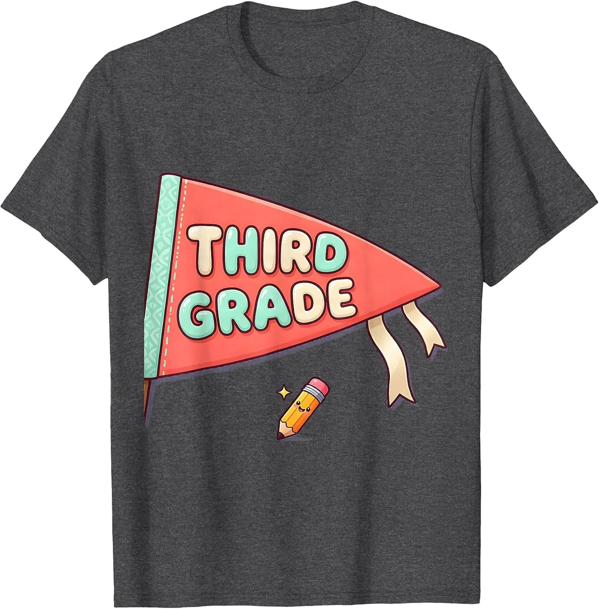 Men's Third Grade Cute Kawaii Back To School Pennant Flag T-Shirt - Dark Heather Grey