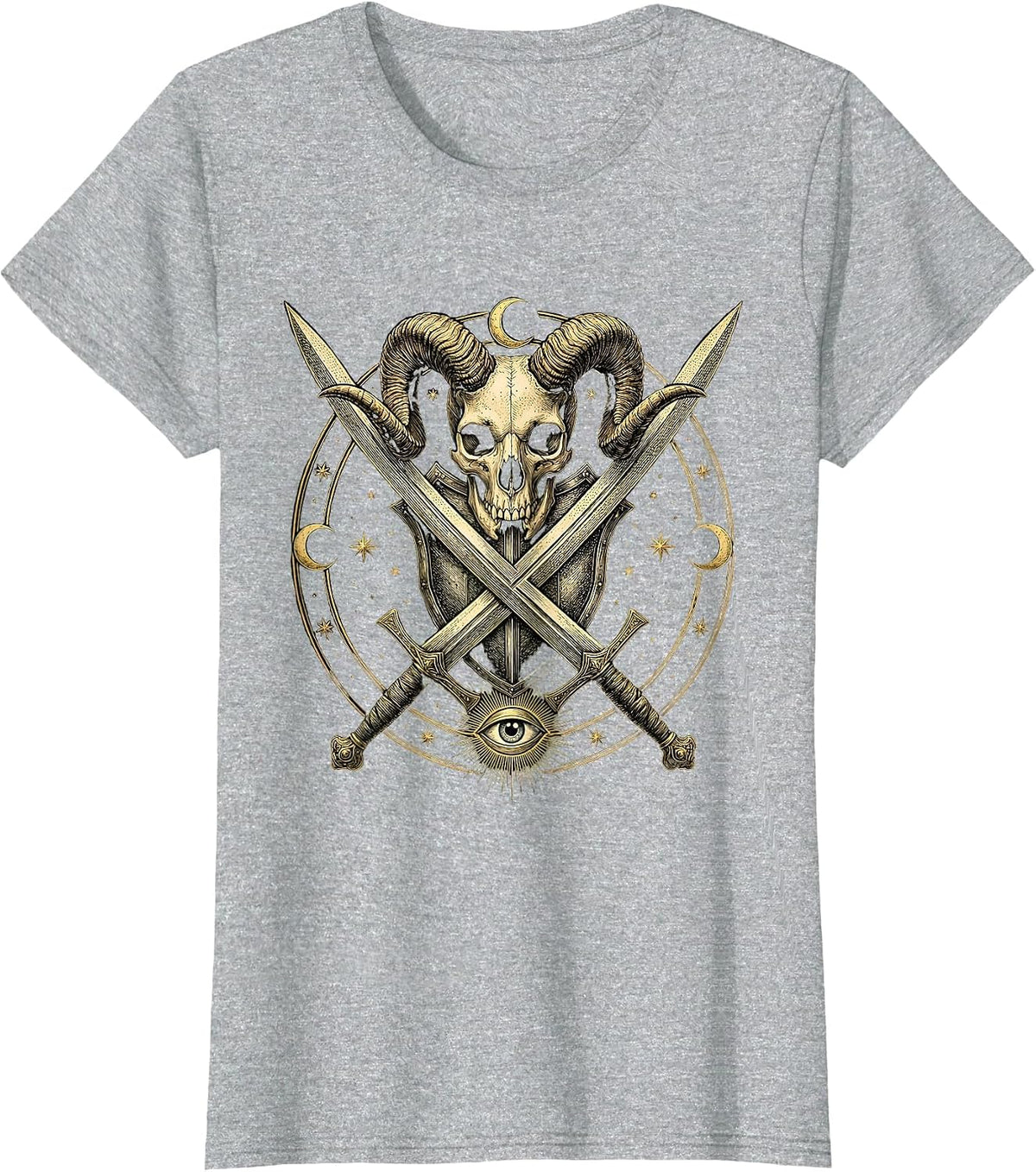 Crossed Swords Horned Demon Skull Metal Graphic T-Shirt - Heather Grey
