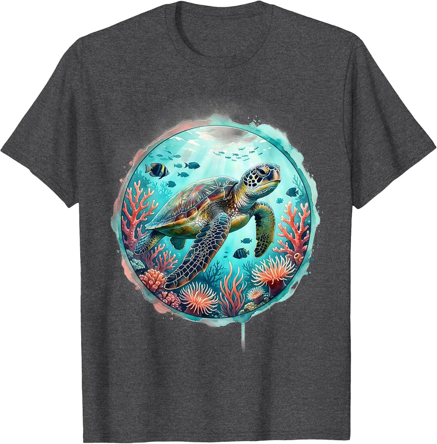 Men's Hawaiian Sea Turtle Coral Reef Graphic Tee T-Shirt - Dark Heather Grey