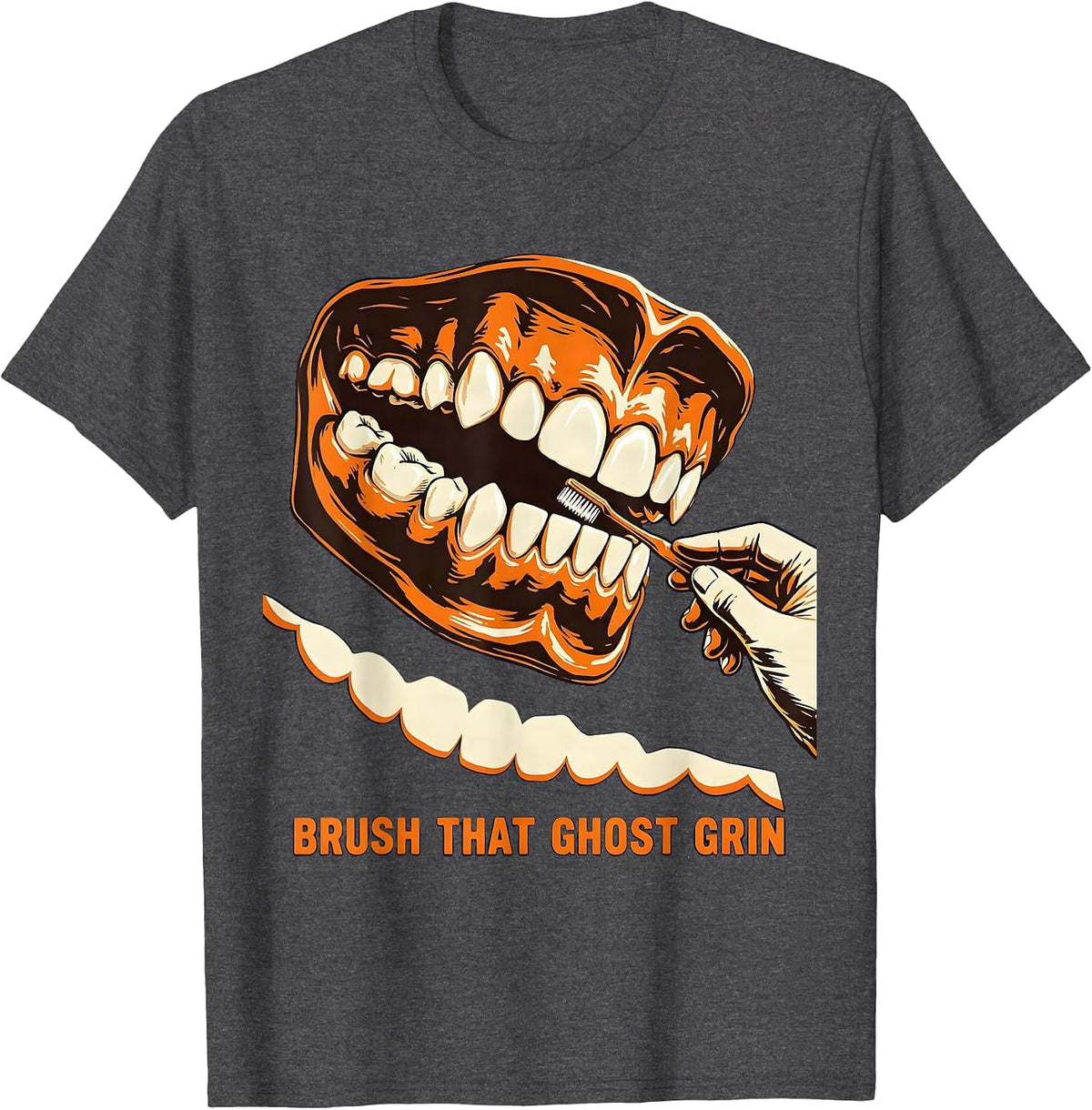 Men's Brush That Ghost Grin Wood Type Dental Hygienist Halloween T-Shirt - Dark Heather Grey