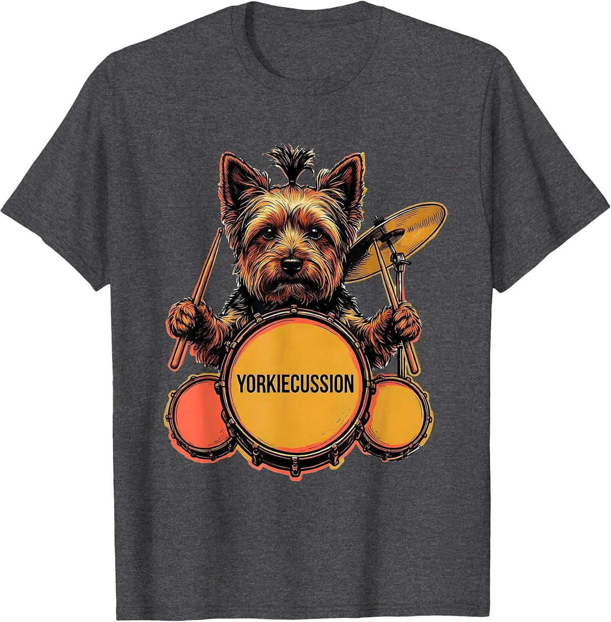 Men's Yorkiecussion Funny Yorkshire Terrier Drummer Pet Owner Rock T-Shirt - Dark Heather Grey
