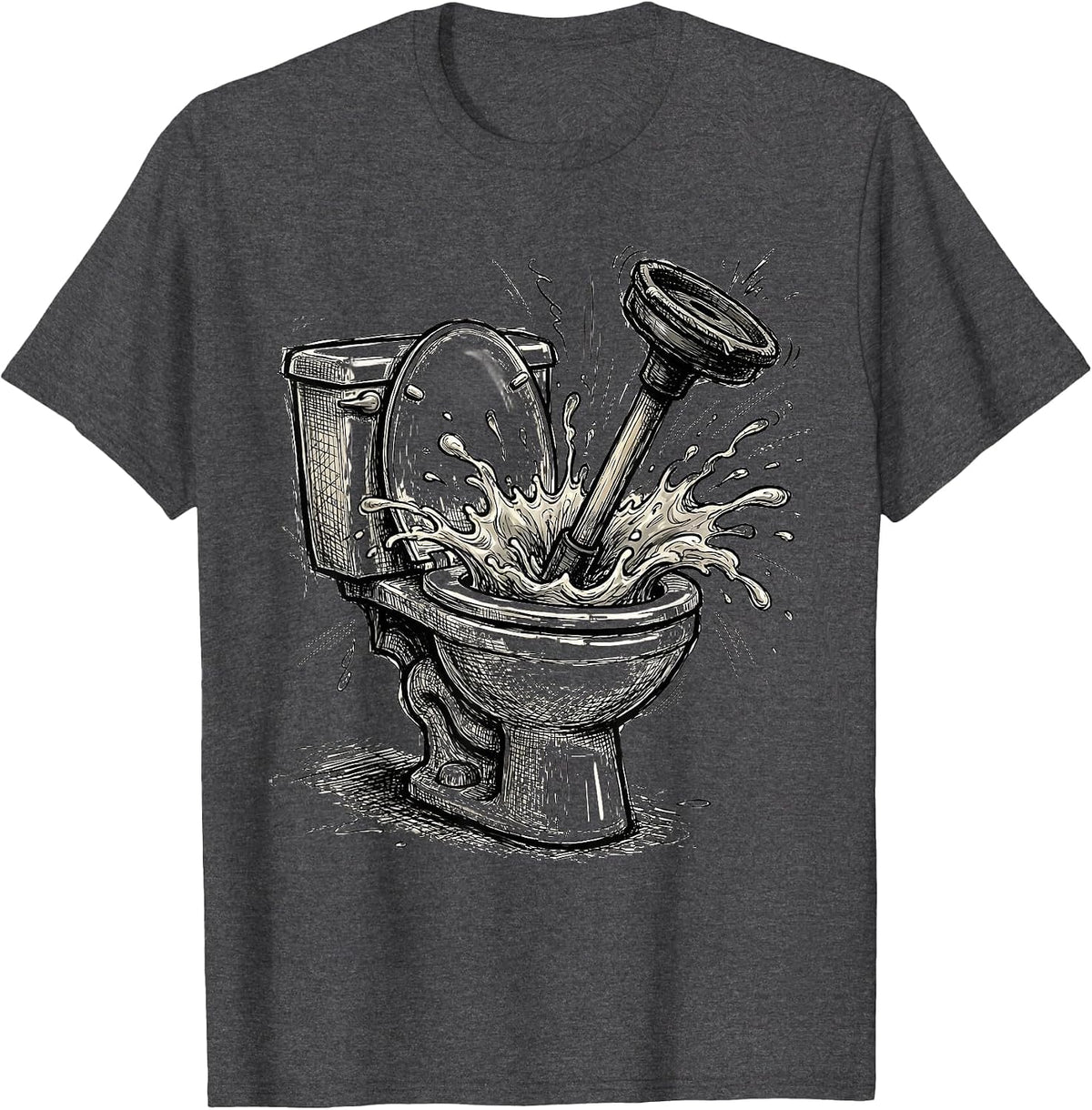 Overflowing Toilet Plunger Stuck Funny Graphic T-Shirt - Dark Heather Grey