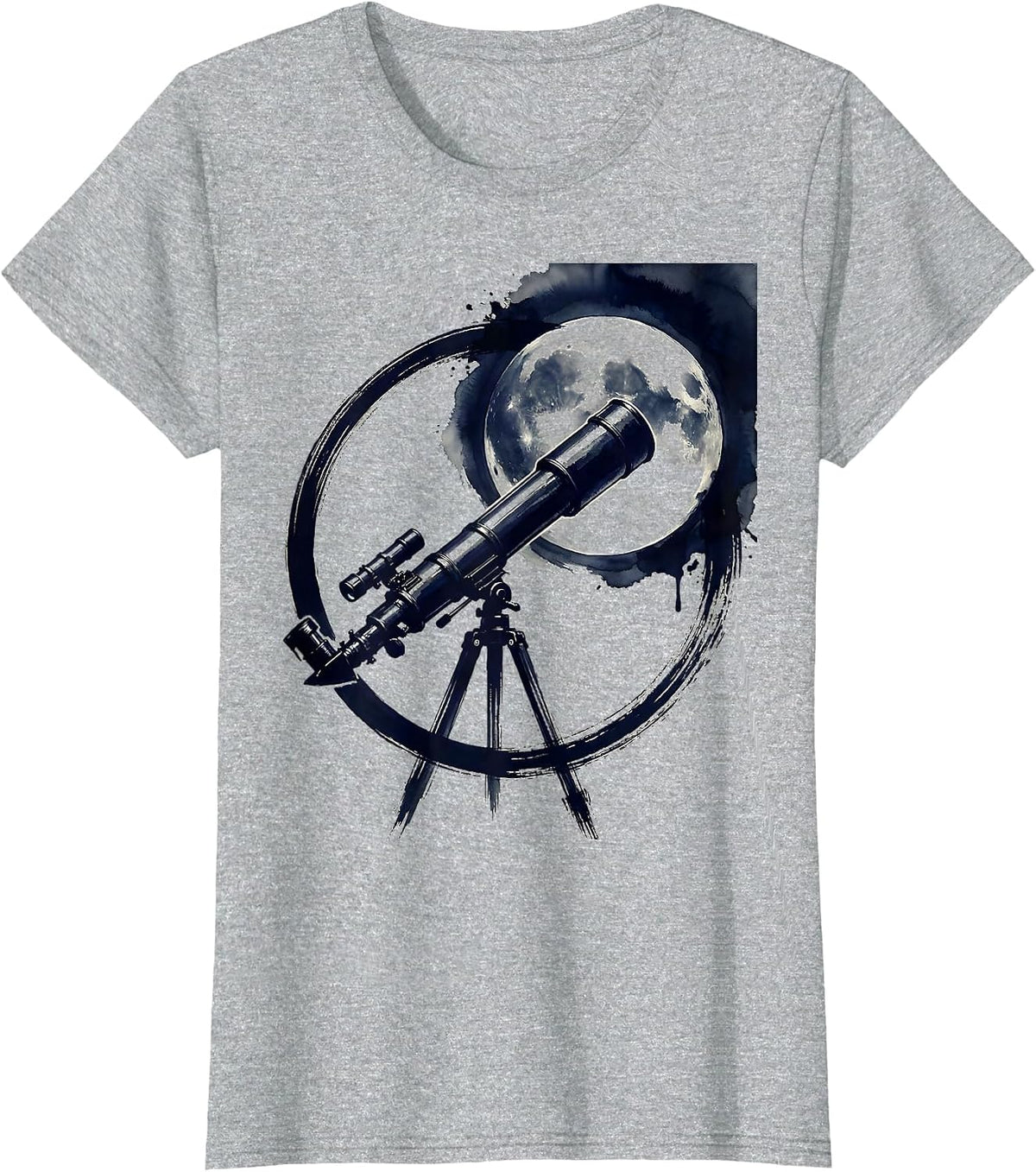 Telescope Moon Gazing Night Sky Astronomy Art T-Shirt - Heather Grey