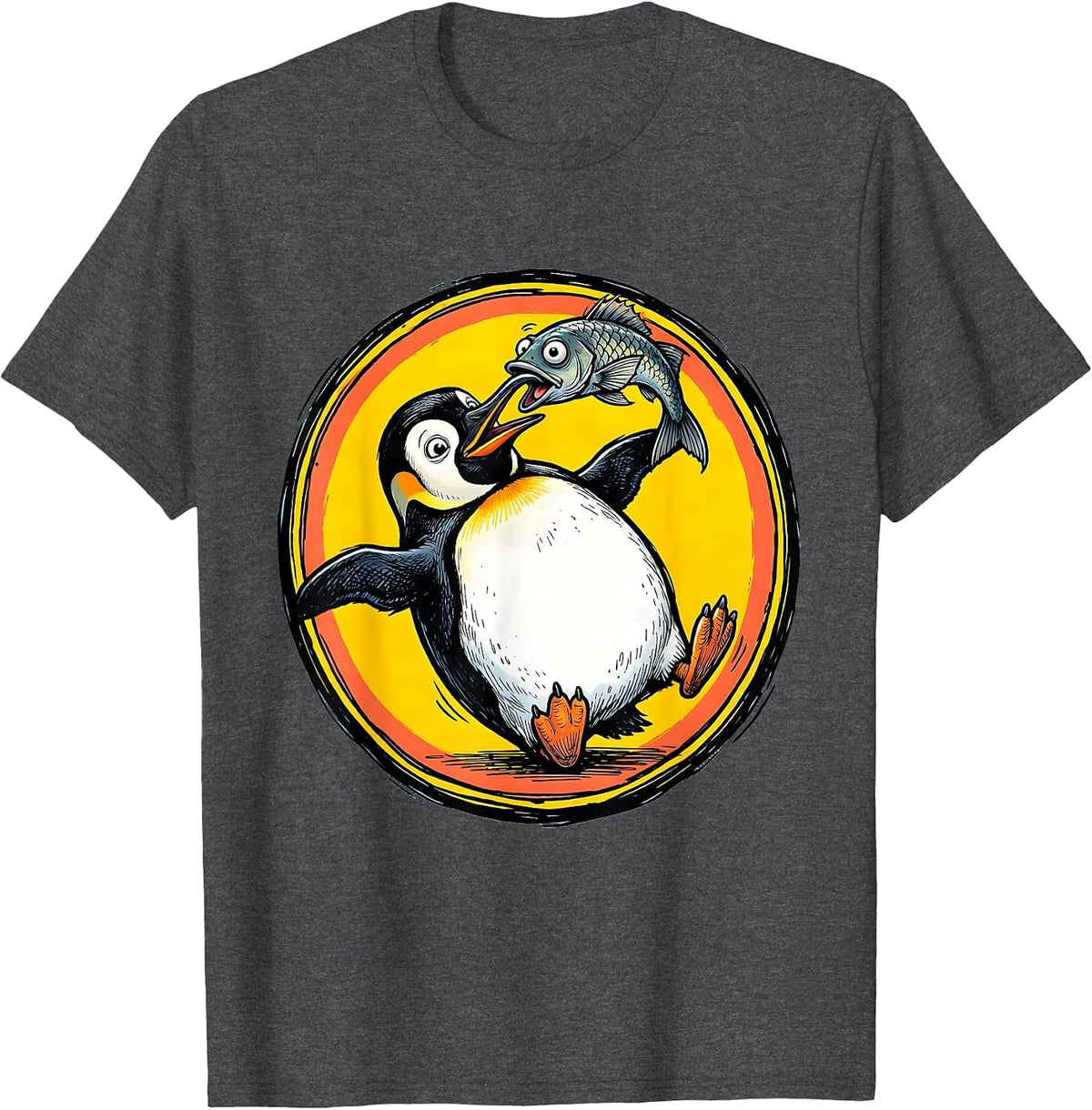Derpy Penguin Balancing Fish on Its Nose T-Shirt - Dark Heather Grey