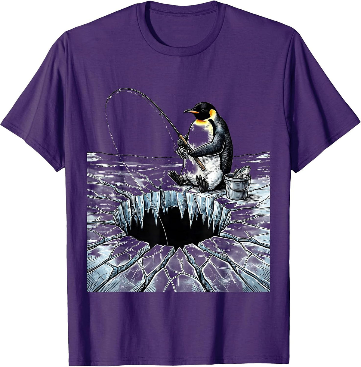 Penguin Ice Fishing Illustration Graphic T-Shirt - Purple